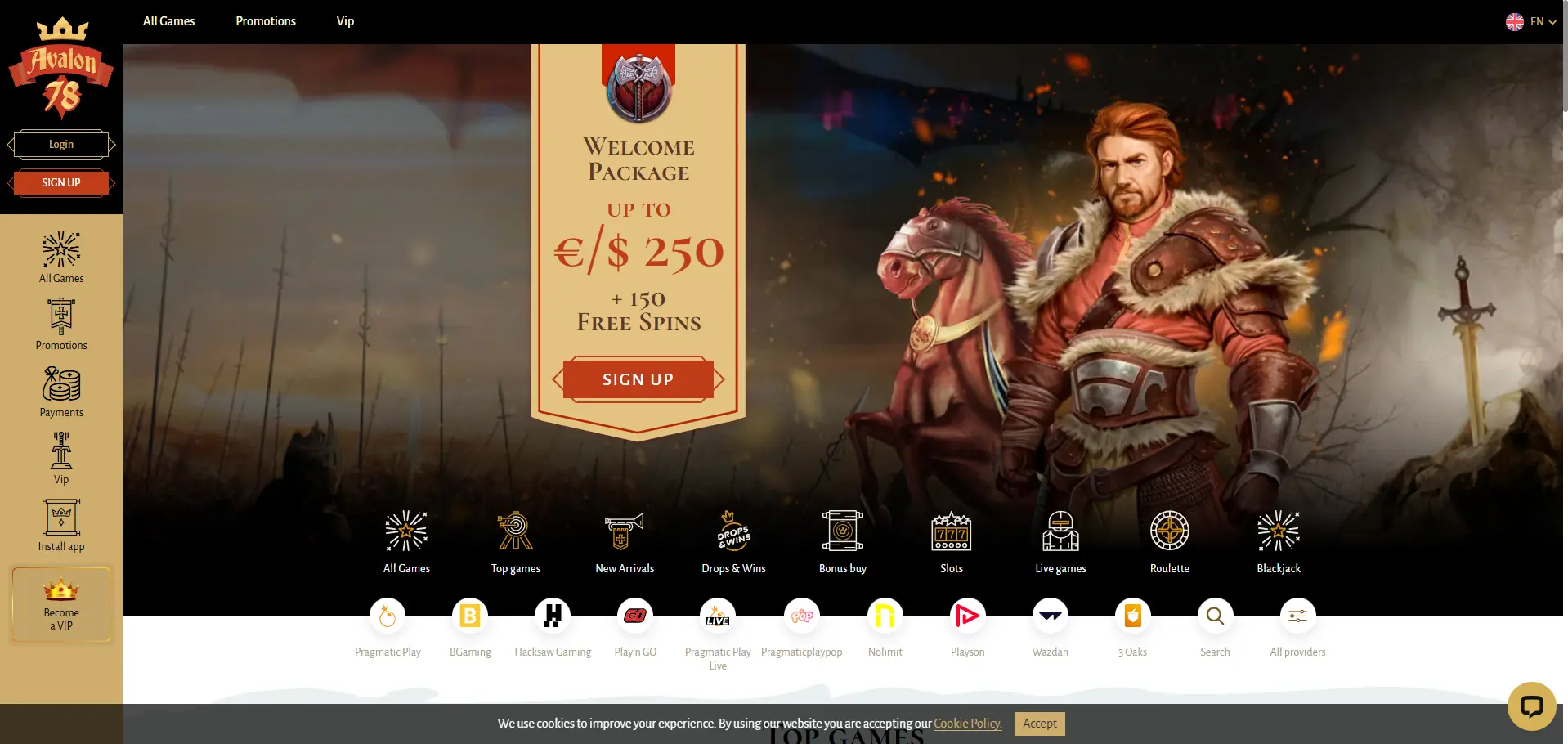 Avalon78 Casino desktop homepage showing the €/0 plus 150 free spins welcome banner and sidebar game categories.