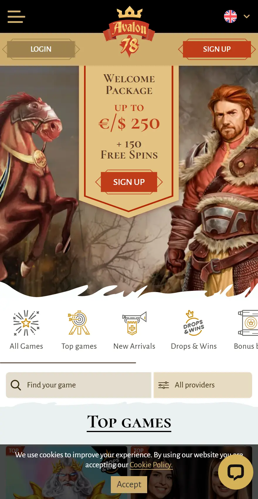 Avalon78 Casino mobile homepage with medieval knight banner promoting the welcome package and top games menu.