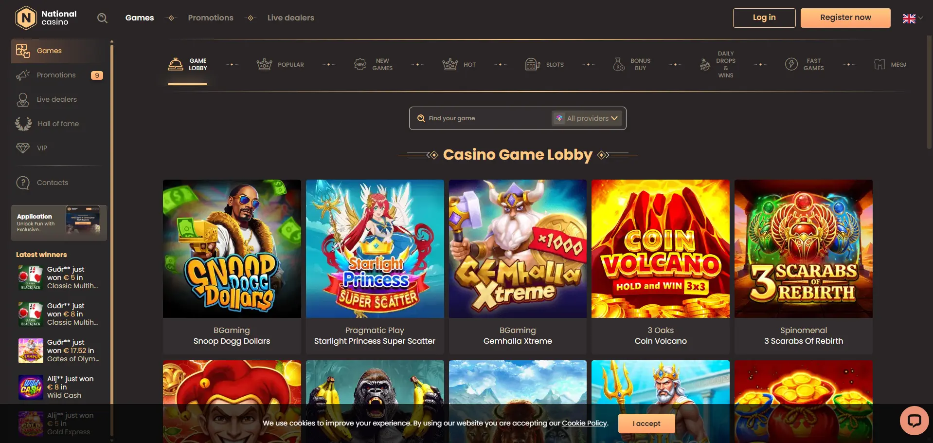National Casino desktop game lobby listing latest winners sidebar and games like Coin Volcano and 3 Scarabs of Rebirth