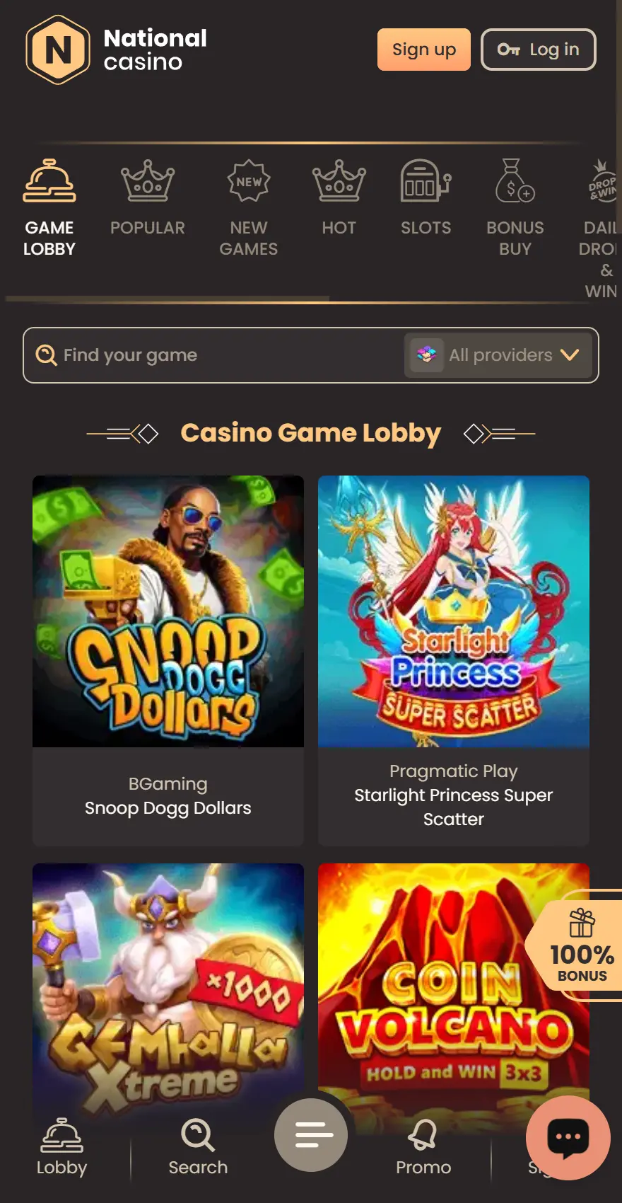 National Casino mobile game lobby showing category tabs and titles including Snoop Dogg Dollars and Starlight Princess Super Scatter