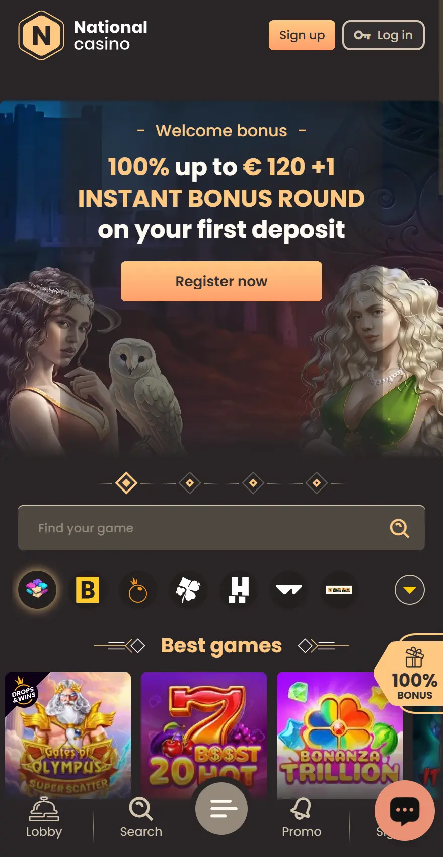 National Casino mobile homepage with 100 percent up to 120 EUR welcome bonus and instant bonus round on first deposit