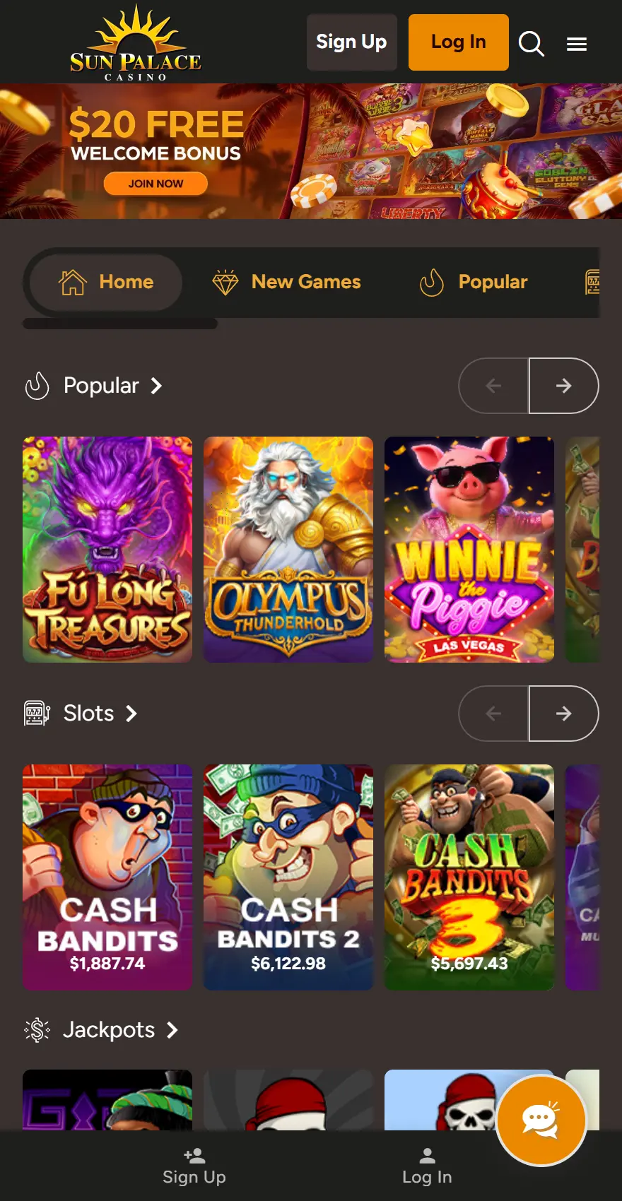 Sun Palace Casino mobile games page listing popular and slots titles such as Fu Long Treasures and Cash Bandits 3