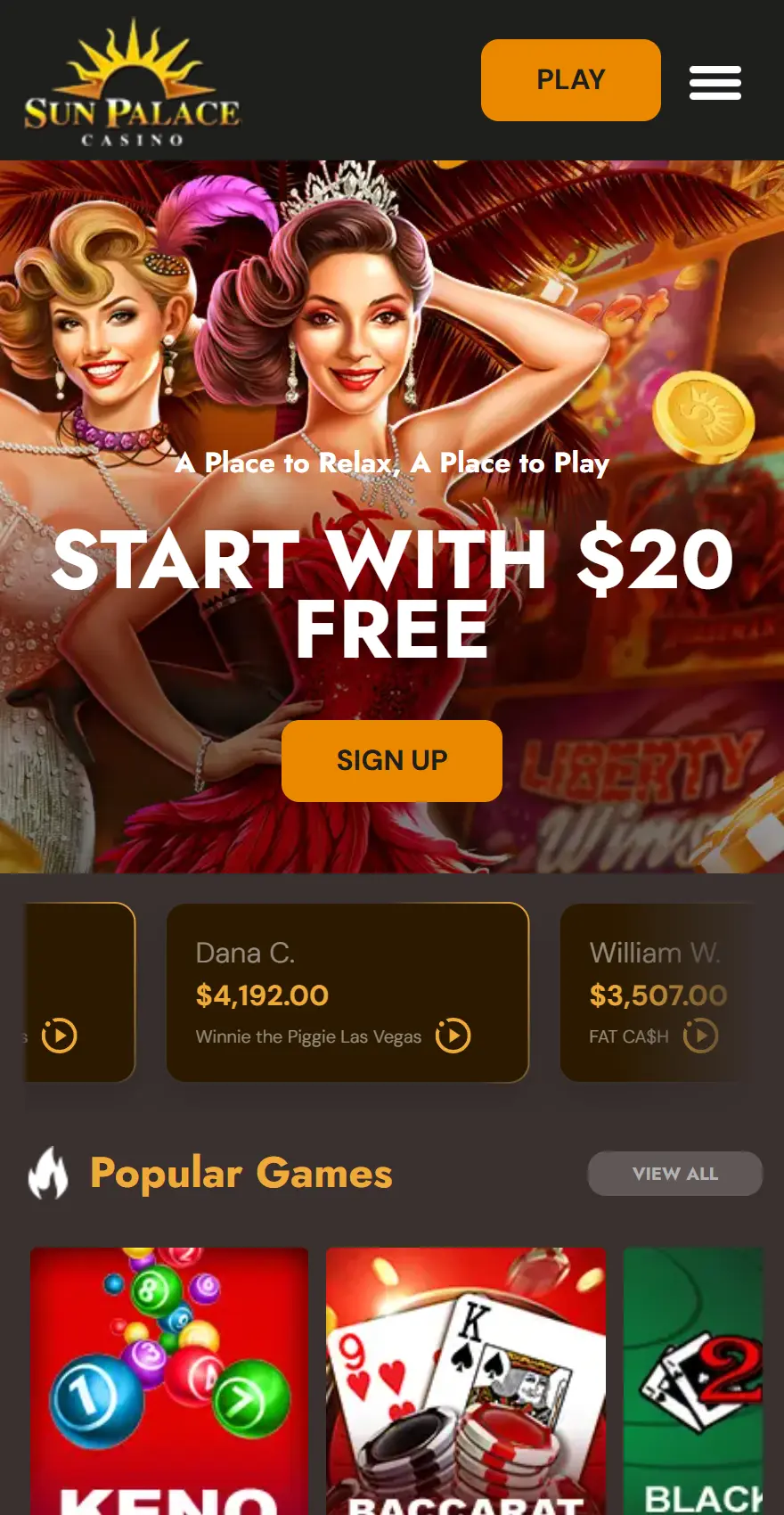 Sun Palace Casino mobile homepage displaying the  free welcome bonus, recent winner payouts and Keno and Baccarat games
