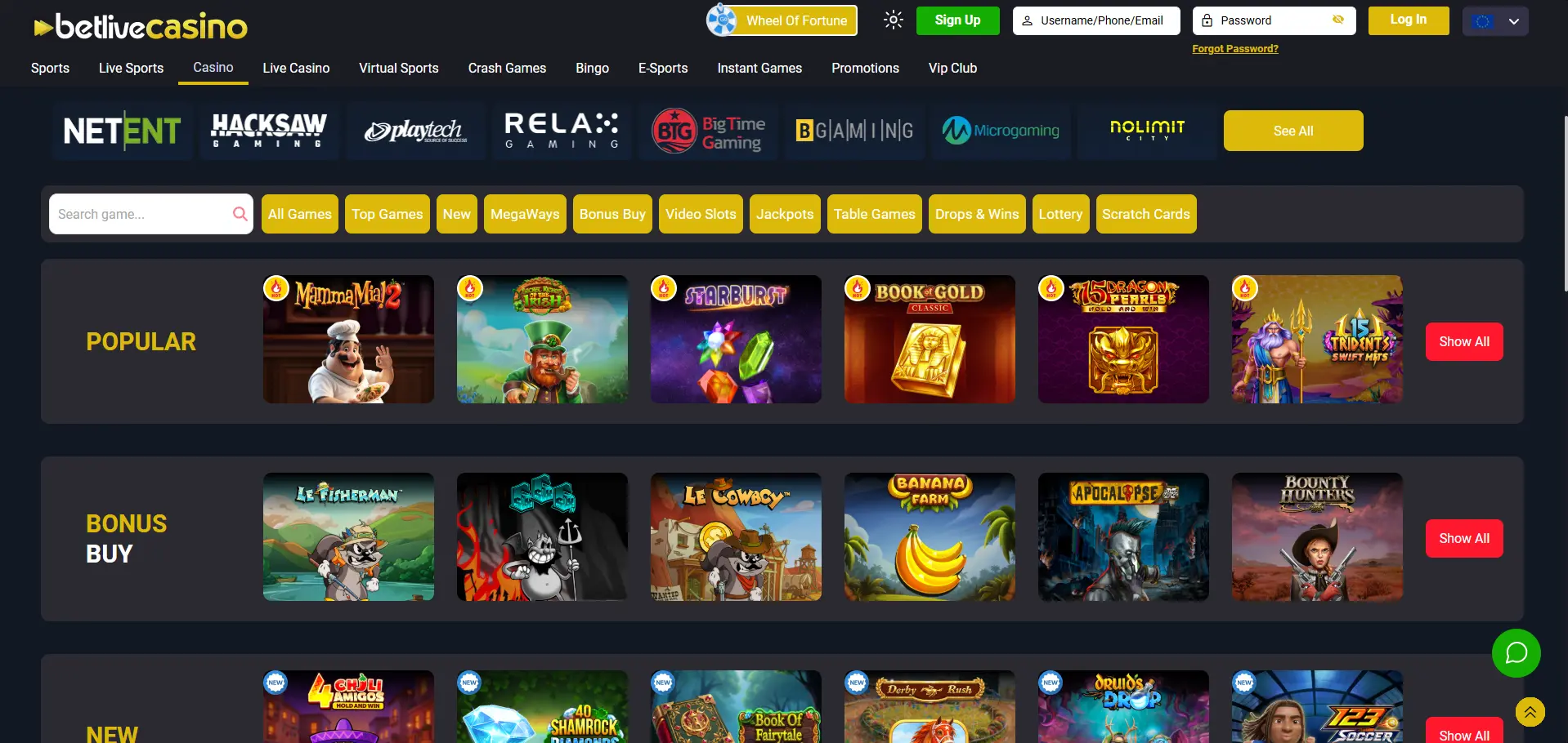 BetLiveCasino desktop casino page with provider logos and All Games, Top Games, and New filters above Popular and Bonus Buy rows including Starburst and Le Cowboy