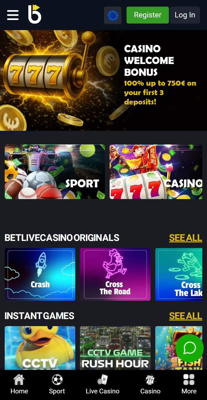 BetLiveCasino mobile homepage with slot machine Casino Welcome Bonus banner offering 100% up to €750 above Sport and Casino category tiles