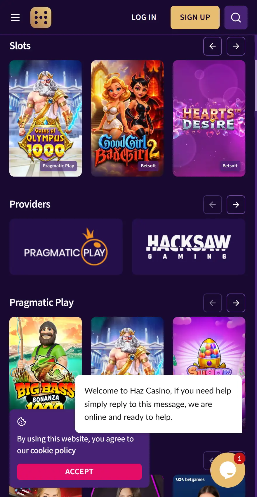 Hazcasino mobile games page with a Slots row featuring Good Girl Bad Girl 2 and Hearts Desire above Providers and Pragmatic Play sections