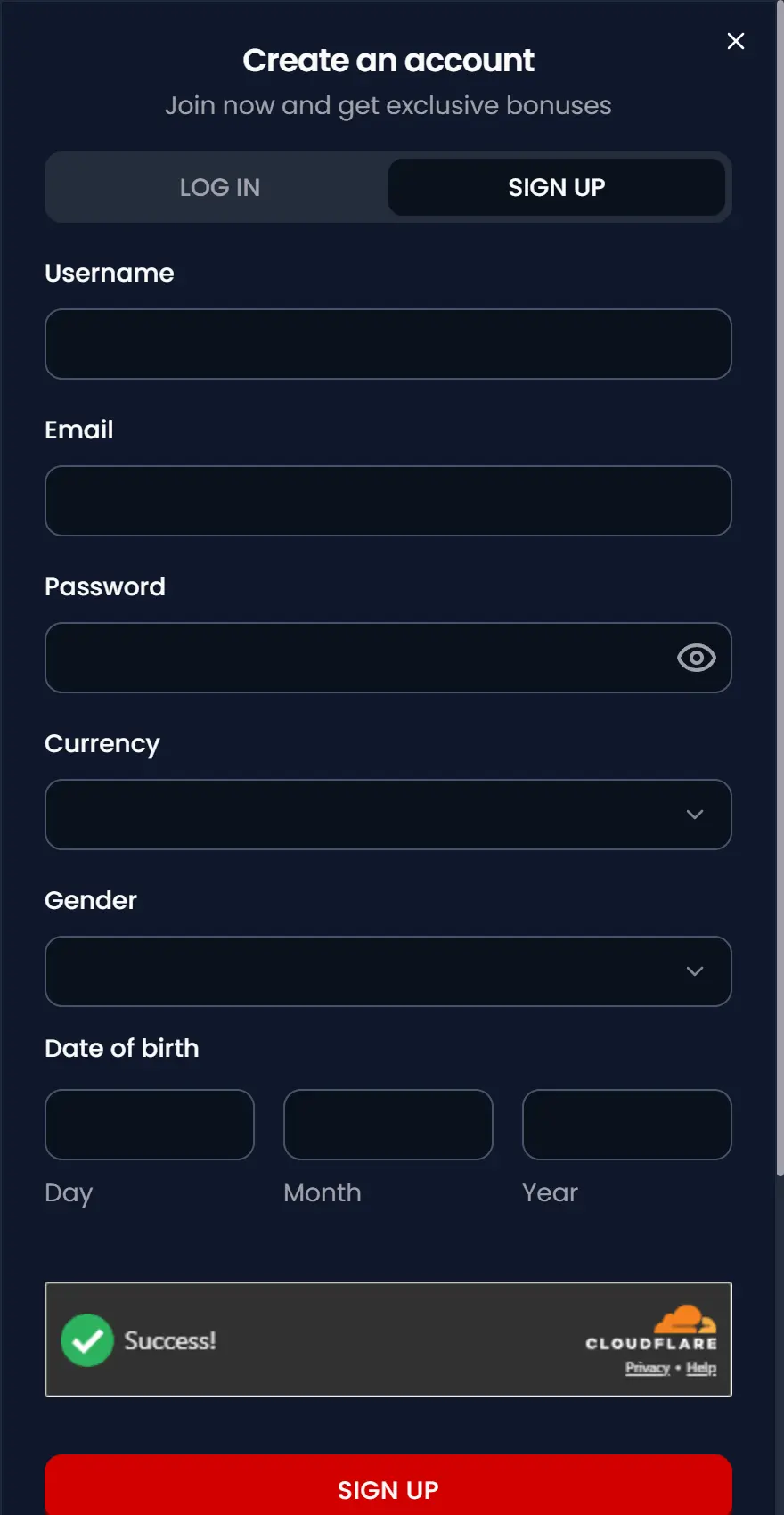 Kryptosino mobile sign-up form with username, email, password, currency, gender, and date of birth fields and a Cloudflare verification success check