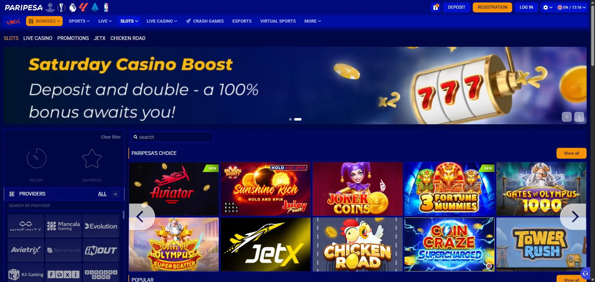 Paripesa desktop Slots page with Saturday Casino Boost 100% deposit banner above provider filters and a Paripesa's Choice row including Aviator and Gates of Olympus 1000