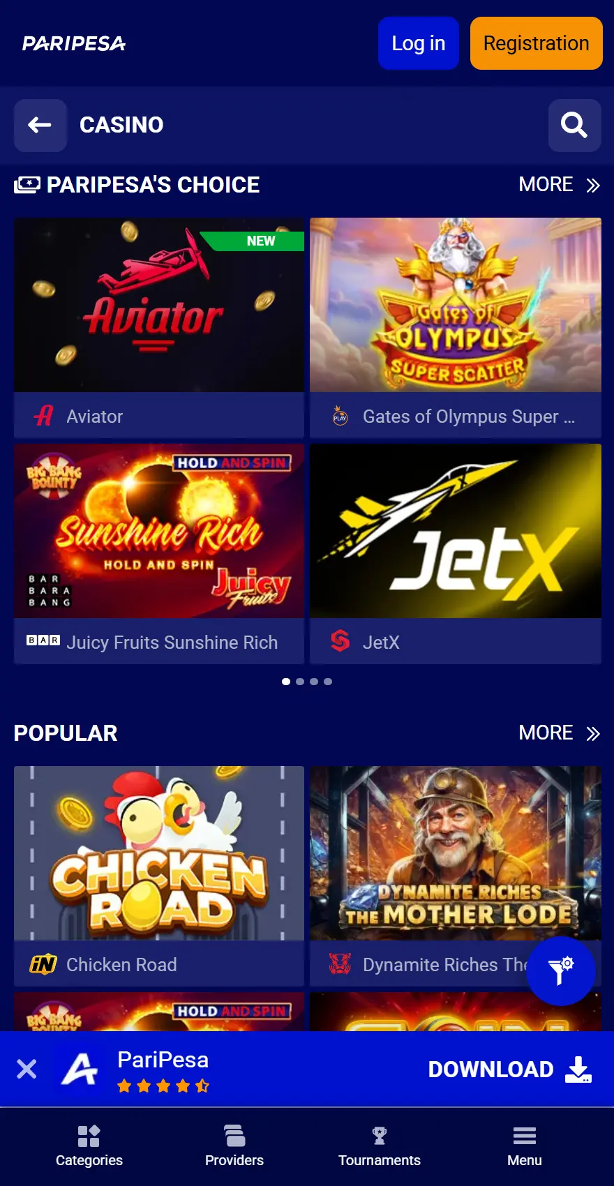 Paripesa mobile casino page with Paripesa's Choice and Popular game grids including Aviator, JetX, and Chicken Road