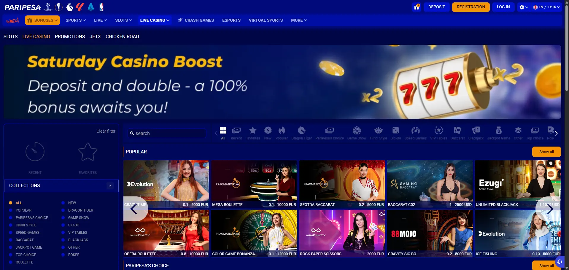 Paripesa desktop Live Casino page with Saturday Casino Boost banner above game-type filter icons and a Popular row including Mega Roulette and Unlimited Blackjack