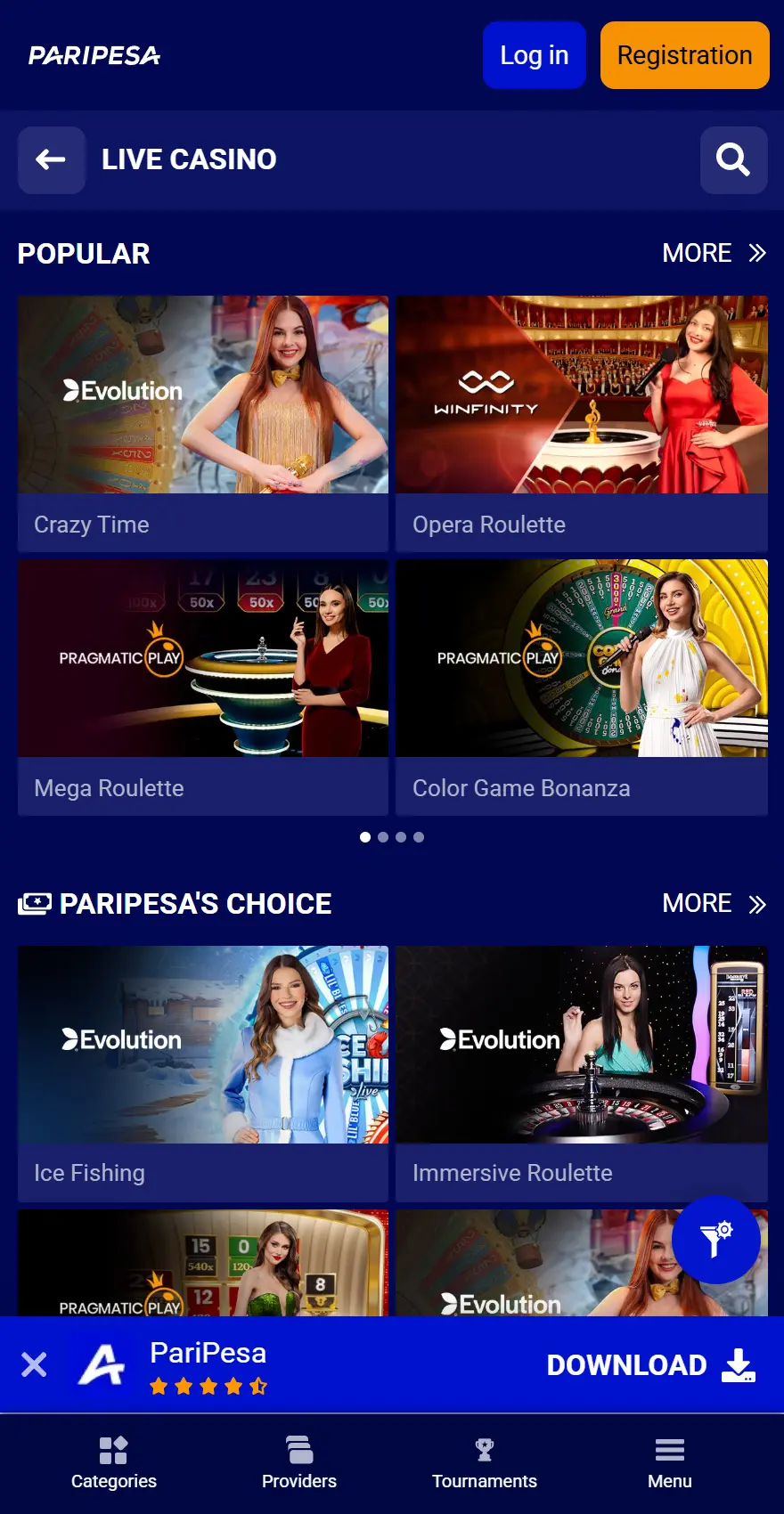 Paripesa mobile Live Casino page with Popular and Paripesa's Choice grids including Crazy Time, Opera Roulette, and Ice Fishing