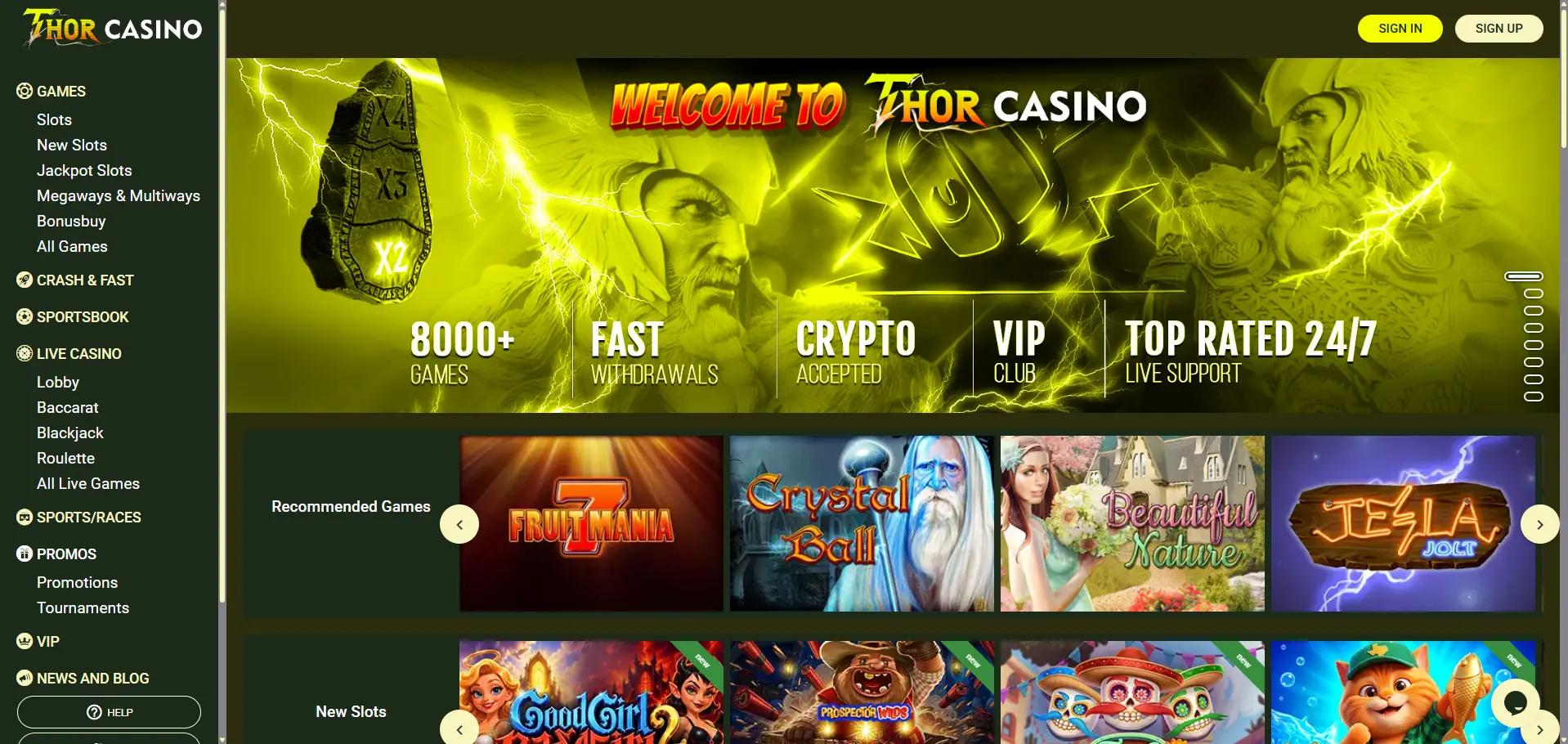 Thor Casino desktop homepage with lightning-themed welcome banner, 8000+ games, and recommended slots carousel.