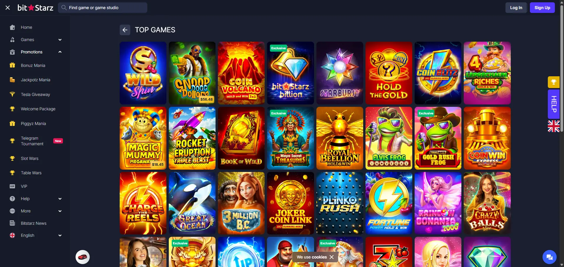 BitStarz desktop casino lobby displaying the Top Games section with a grid of slots, search bar and promotions navigation menu.