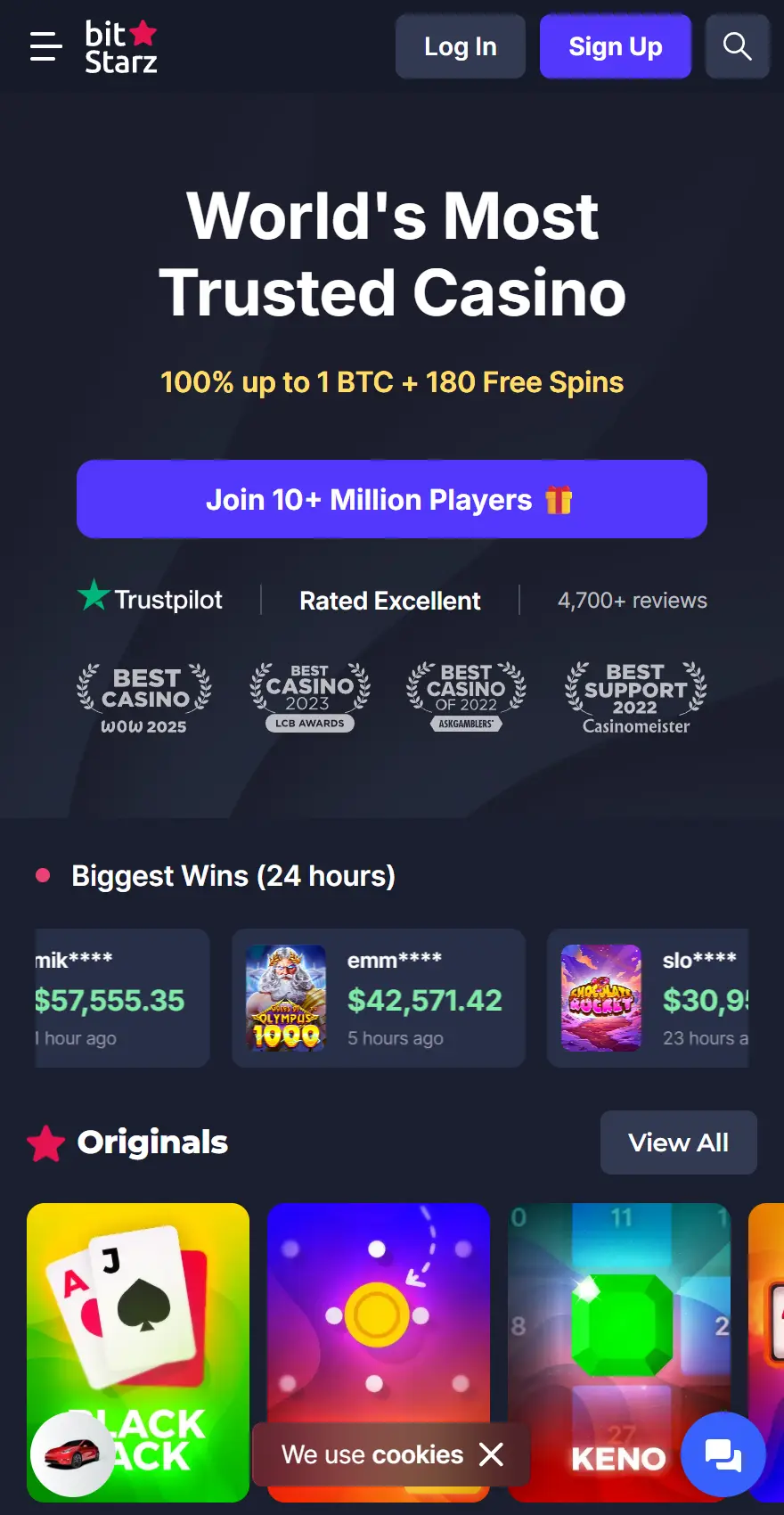 BitStarz mobile casino homepage showing the 100% up to 1 BTC plus 180 free spins welcome offer, recent wins, awards and Originals games.