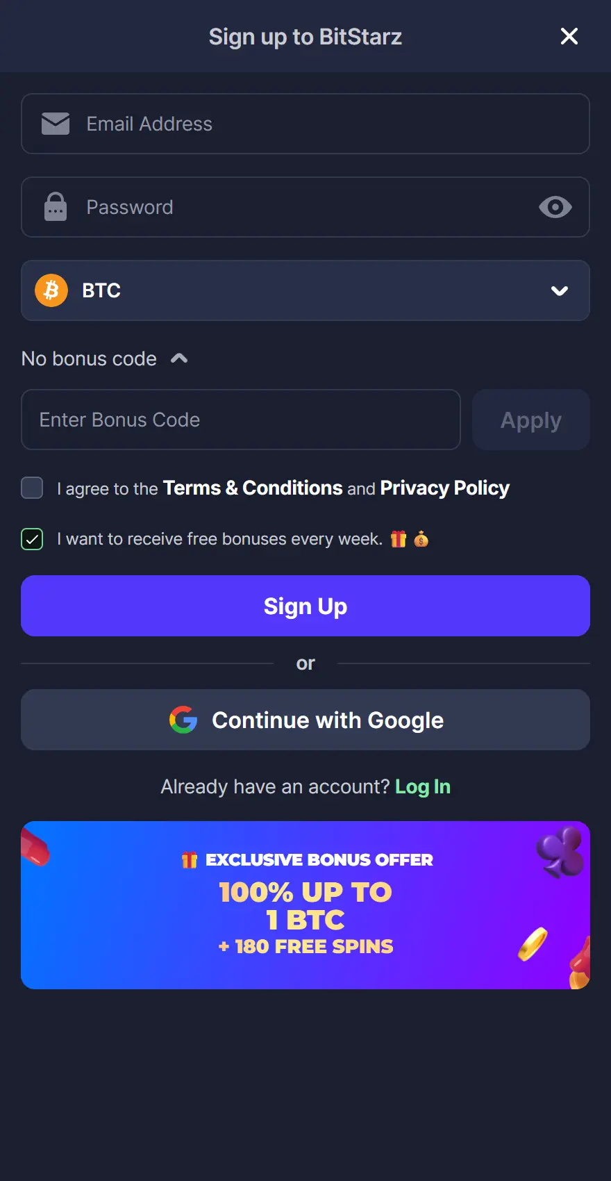 BitStarz mobile registration form with email, password, BTC currency and bonus code fields, plus an exclusive 100% up to 1 BTC and 180 free spins offer.