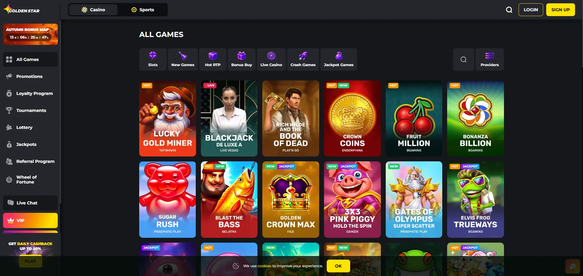 Golden Star Casino desktop games page showing All Games categories, search and provider filters with a casino game grid including Lucky Gold Miner, Blackjack De Luxe A, Rich Wilde and the Book of Dead, Crown Coins and Sugar Rush.