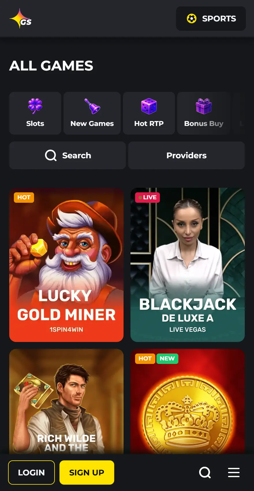 Golden Star Casino mobile games page showing All Games categories, search and provider filters with titles including Lucky Gold Miner, Blackjack De Luxe A, Rich Wilde and the Book of Dead, and Crown Coins.