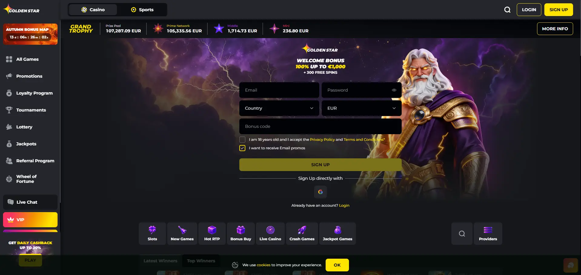 Golden Star Casino desktop homepage showing the Grand Trophy jackpots and a 100% welcome bonus up to €1,000 plus 300 free spins, with registration fields for email, password, country, currency and bonus code.