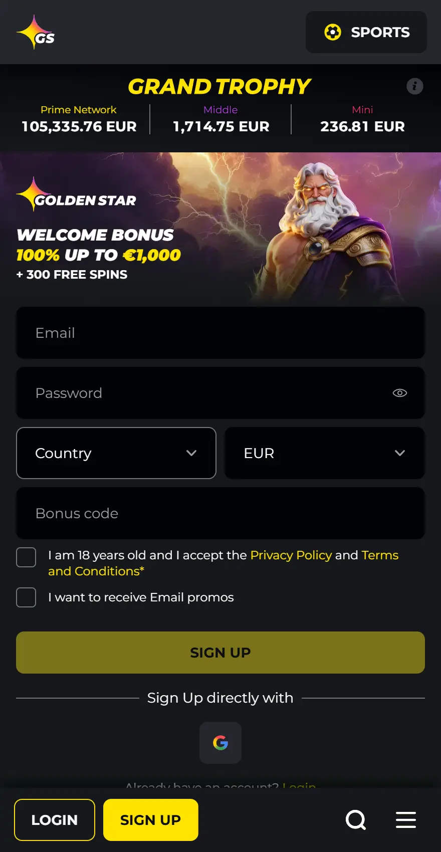 Golden Star Casino mobile homepage showing Grand Trophy jackpot values and a 100% welcome bonus up to €1,000 plus 300 free spins, with account registration fields and 18+ terms acceptance.