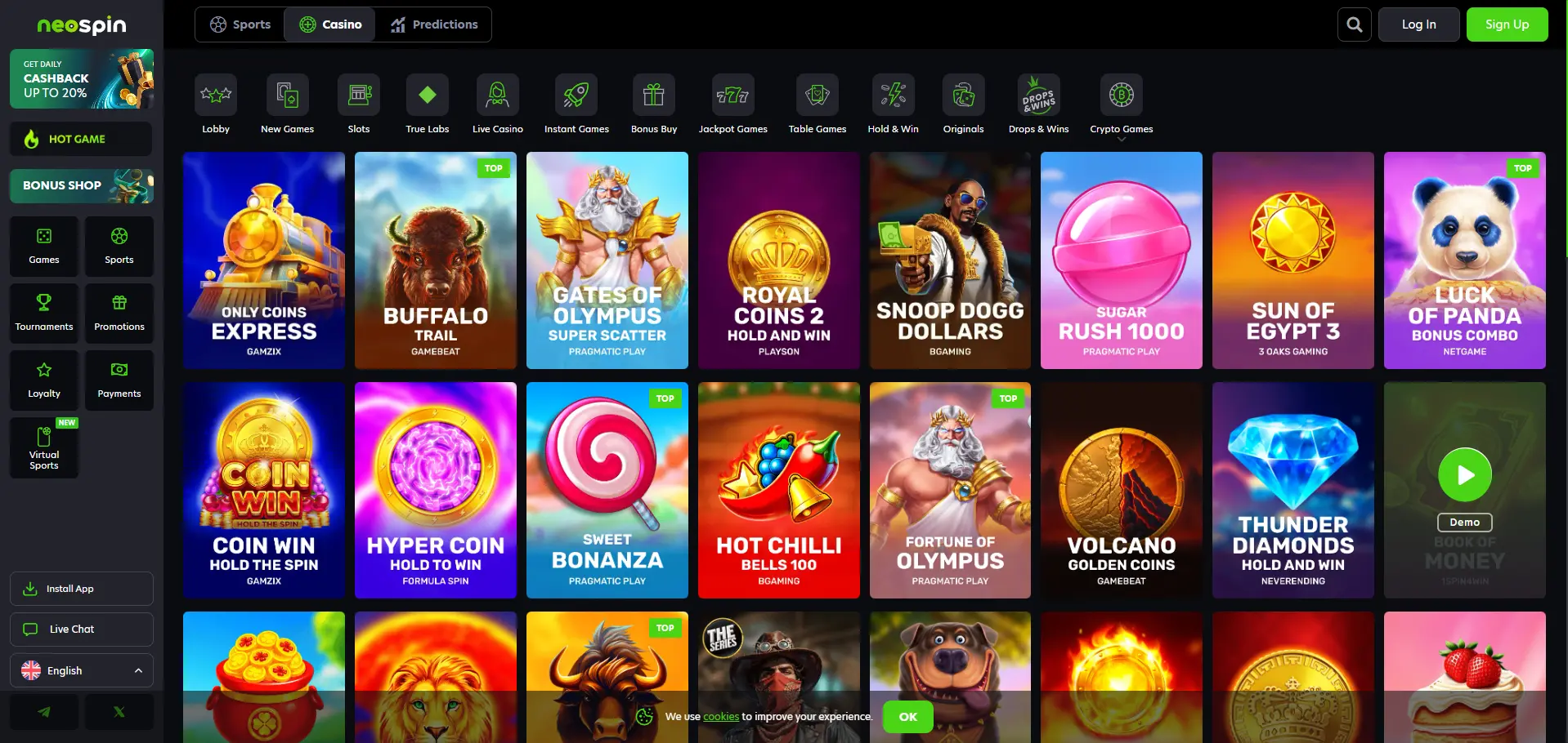Neospin Casino desktop games page showing casino categories and a game grid with titles including Only Coins Express, Buffalo Trail, Gates of Olympus Super Scatter and Royal Coins 2 Hold and Win.