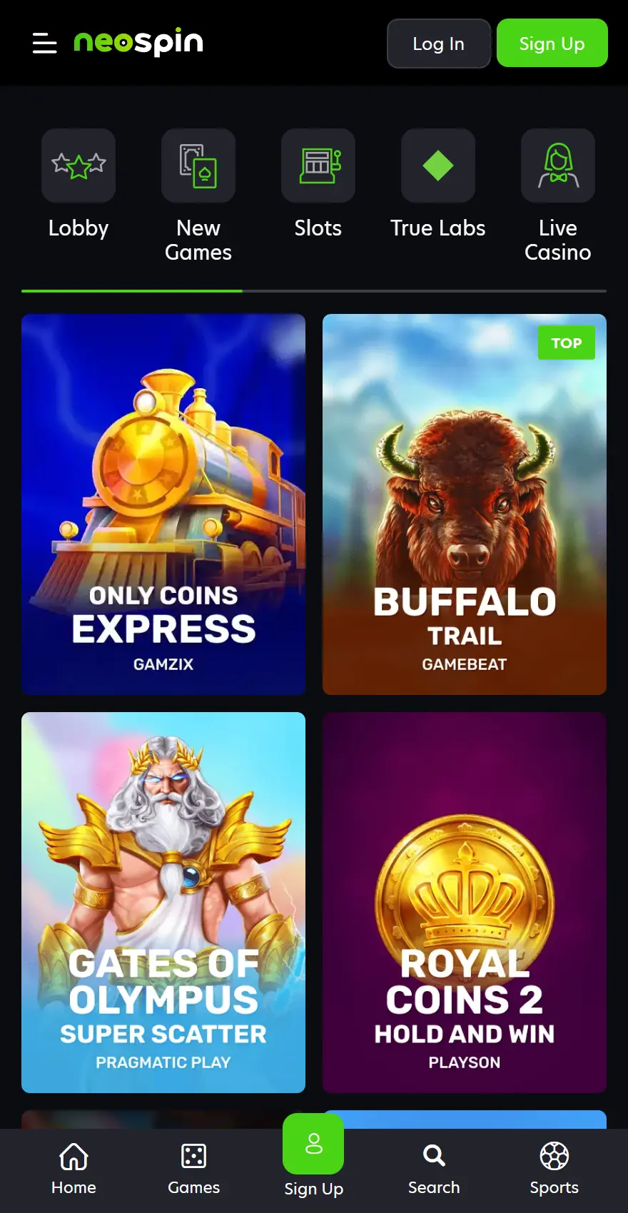 Neospin Casino mobile games page showing casino categories and game tiles including Only Coins Express, Buffalo Trail, Gates of Olympus Super Scatter and Royal Coins 2 Hold and Win.