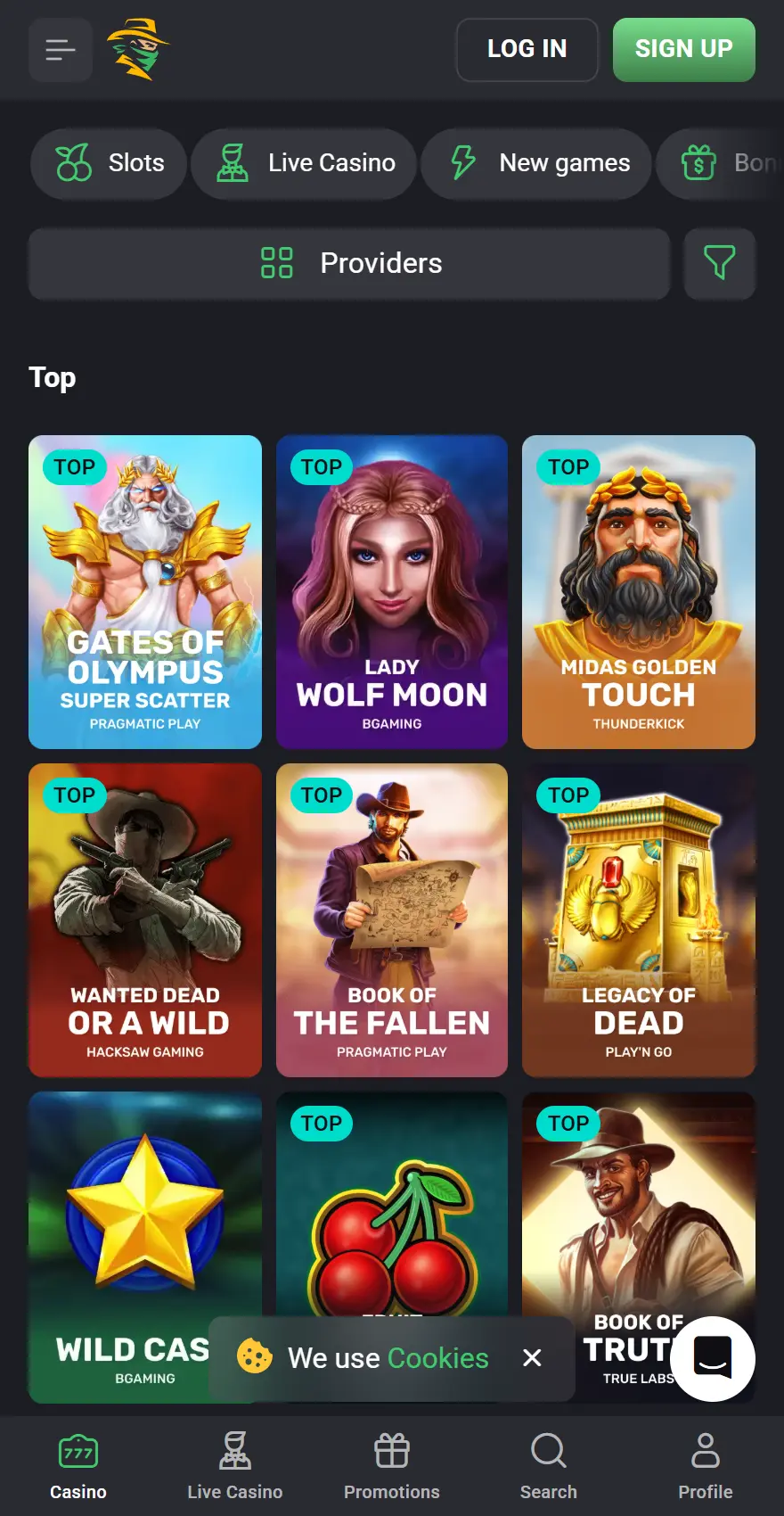 SlotHunter Casino mobile games page showing casino categories, provider filters and top slots including Gates of Olympus Super Scatter, Lady Wolf Moon, Midas Golden Touch and Wanted Dead or a Wild.