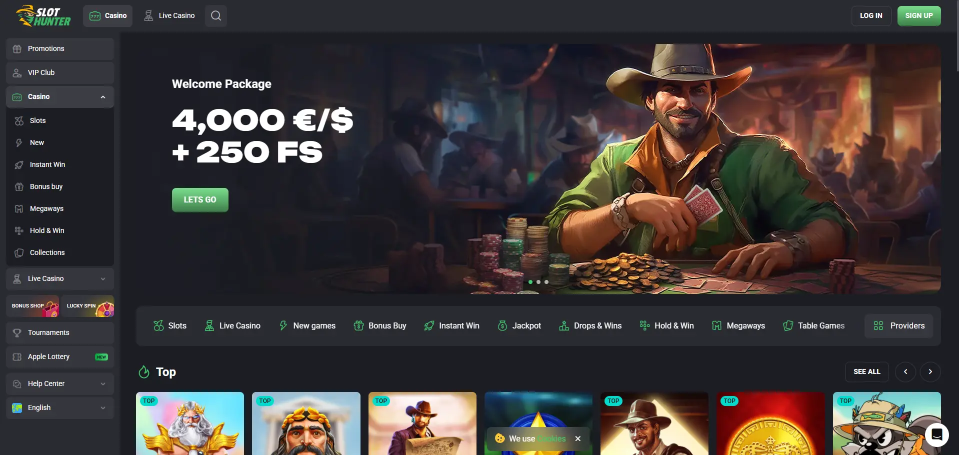 SlotHunter Casino desktop homepage showing a €/,000 welcome package with 250 free spins, casino categories and top games.