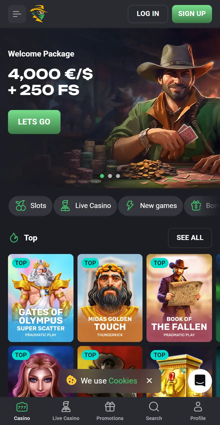 SlotHunter Casino mobile homepage showing a €/,000 welcome package with 250 free spins, casino categories and top slot games.
