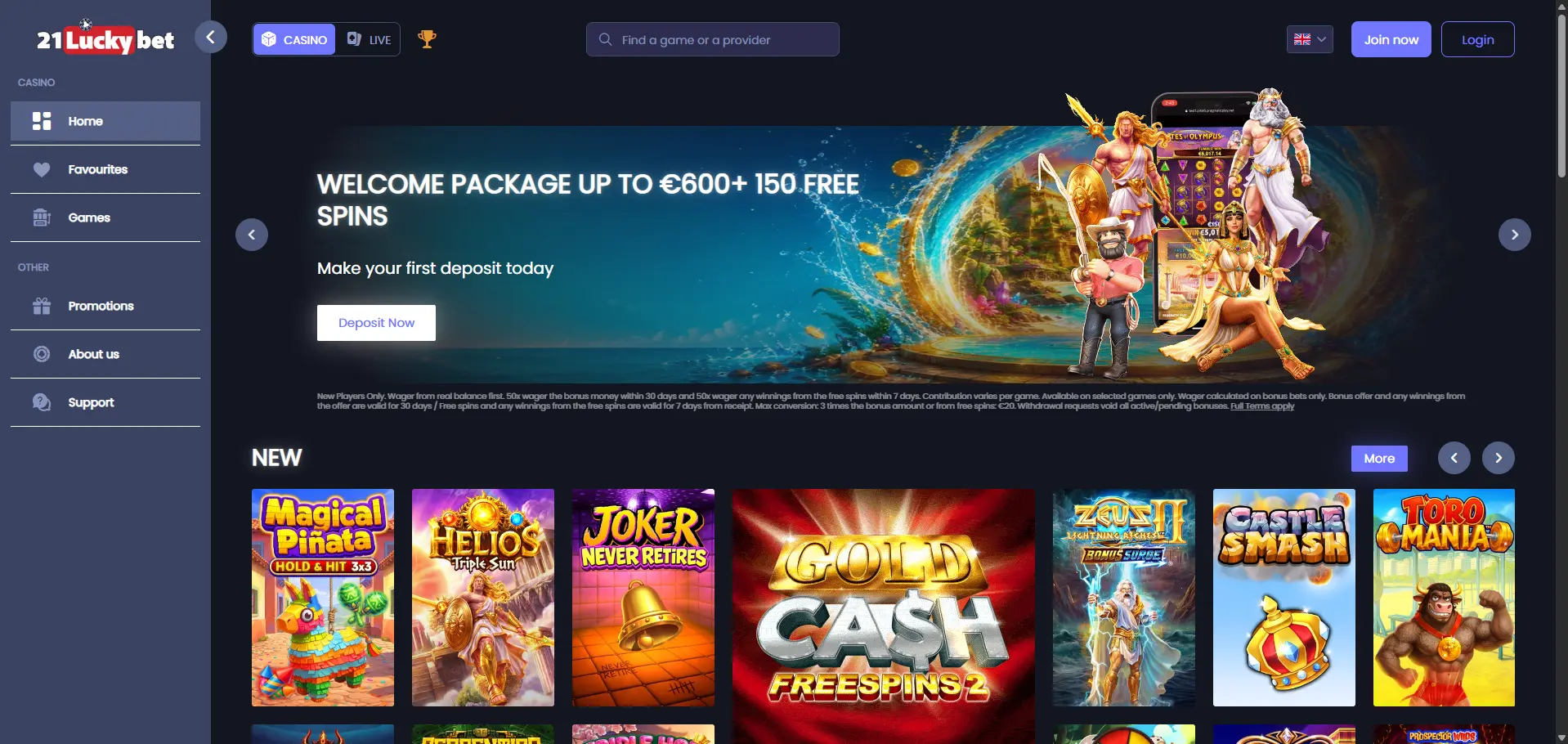 21LuckyBet desktop homepage promoting a welcome package up to €600 plus 150 free spins, with new game tiles.