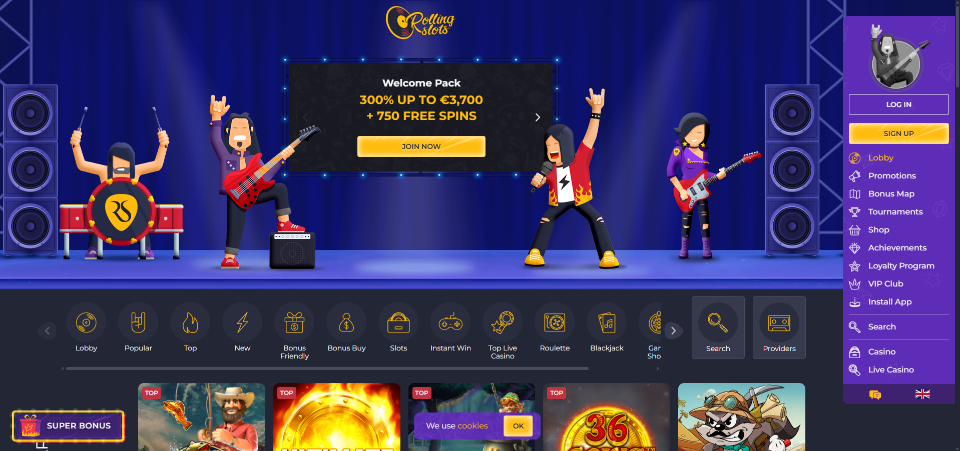 Rolling Slots desktop homepage promoting a 300% bonus up to €3,700 plus 750 free spins in a rock-band theme.