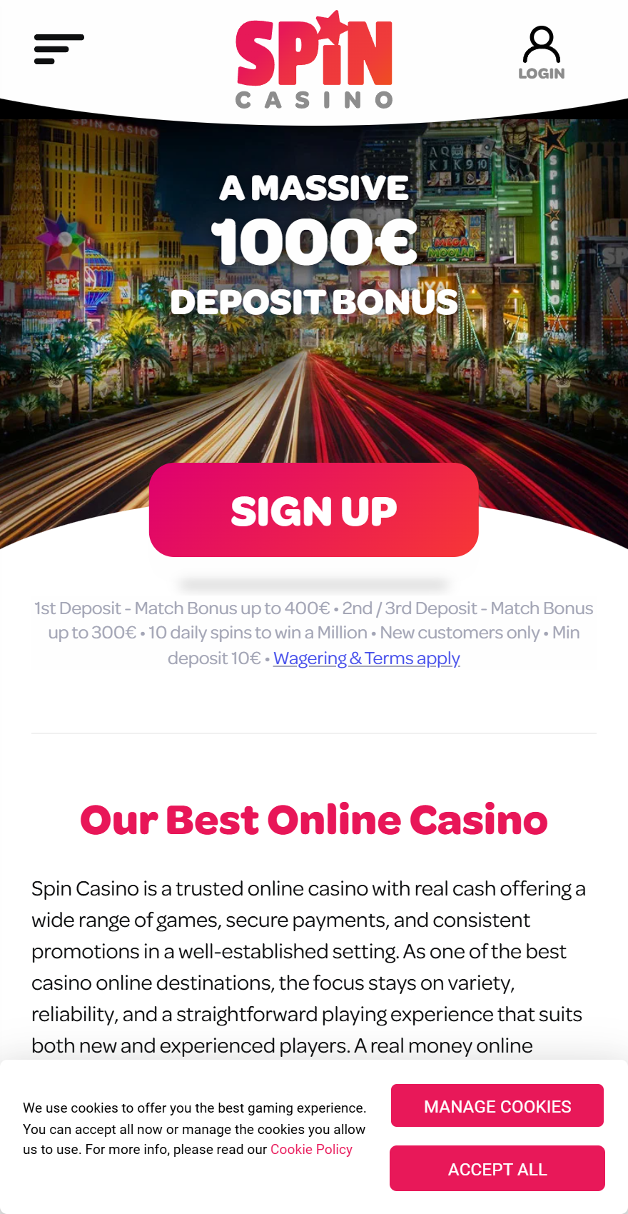 Spin Casino mobile homepage promoting a €1,000 deposit bonus.