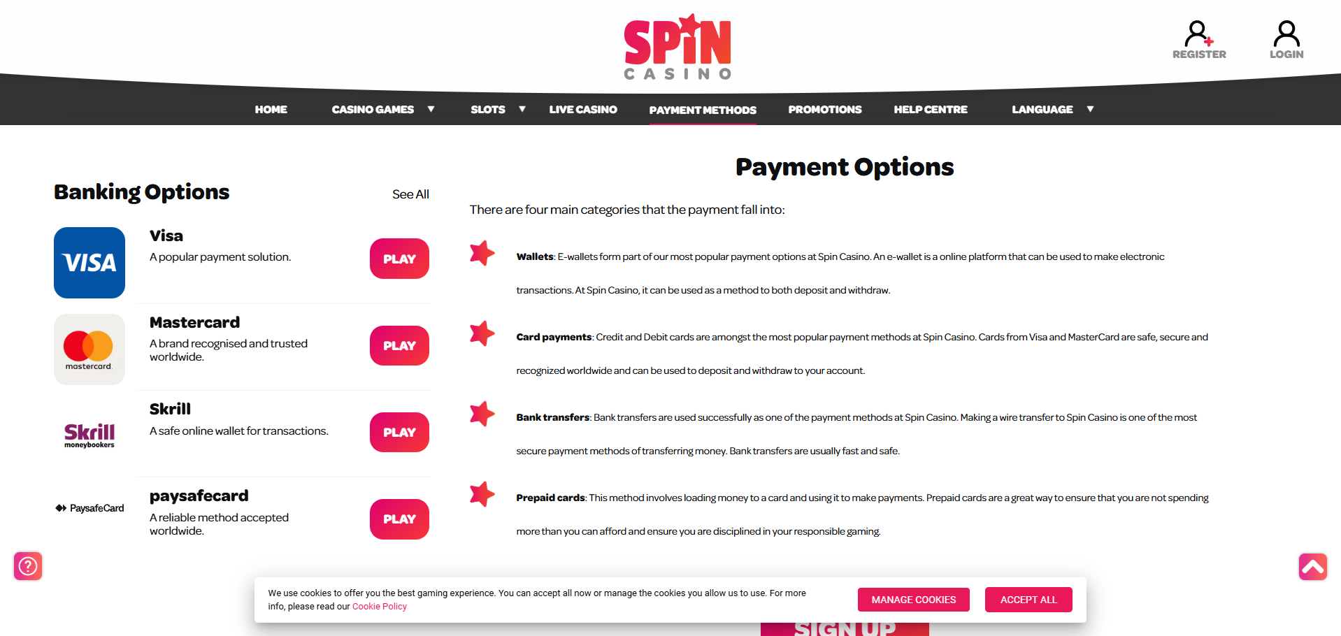 Spin Casino payment options page listing Visa, Mastercard, Skrill, and PaysafeCard.