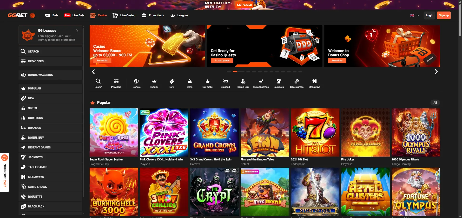 GGBet desktop casino lobby with welcome-bonus and casino-quest promotions, filters, and popular slot tiles.