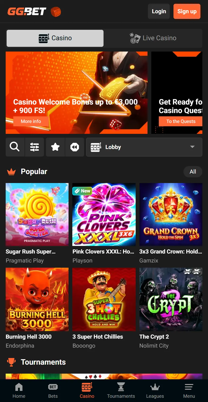 GGBet mobile casino lobby with a welcome bonus up to €3,000 plus 900 free spins, filters, and popular slot tiles.