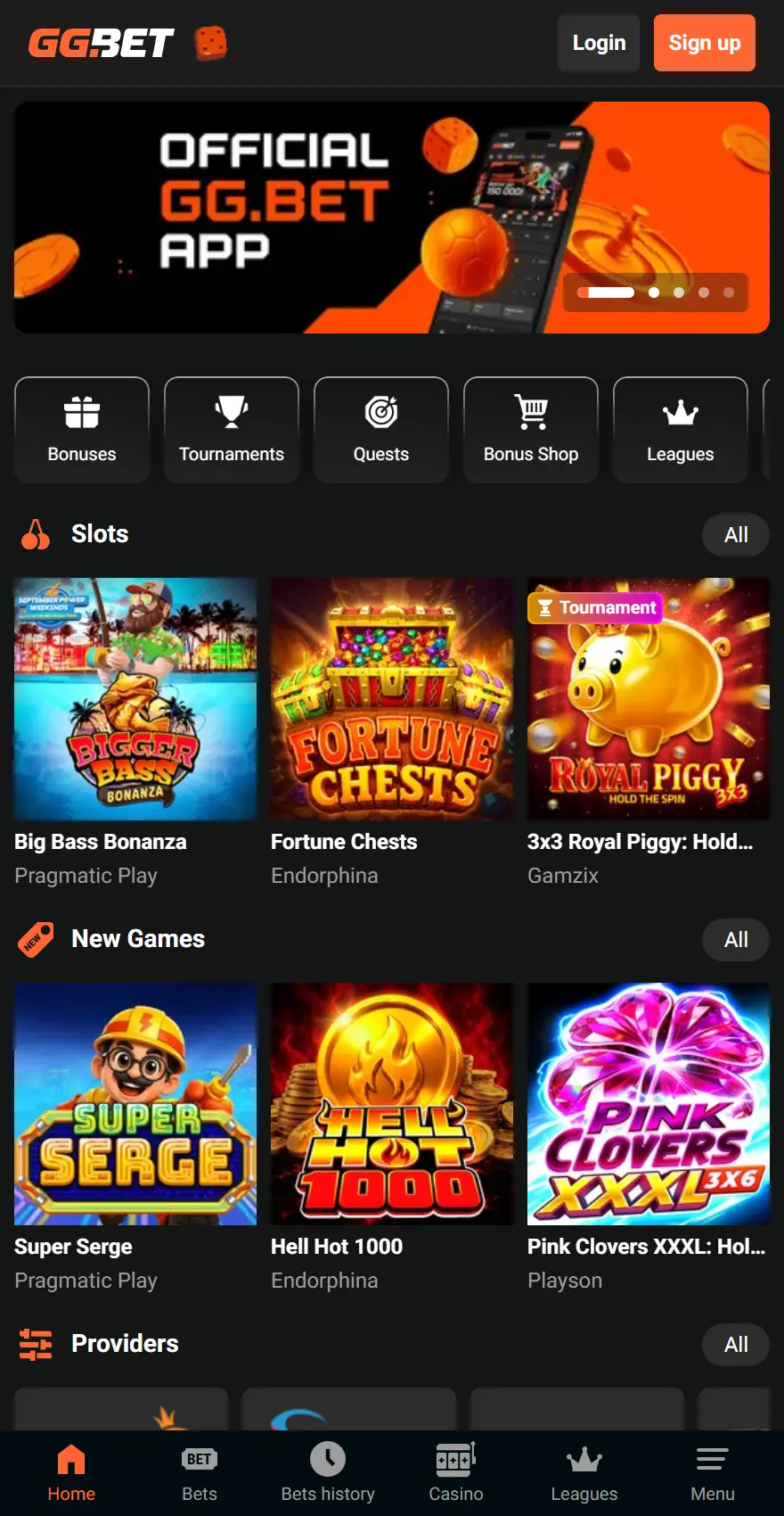 GGBet mobile homepage promoting the official GG.BET app, with bonuses, tournaments, quests, and slot carousels.