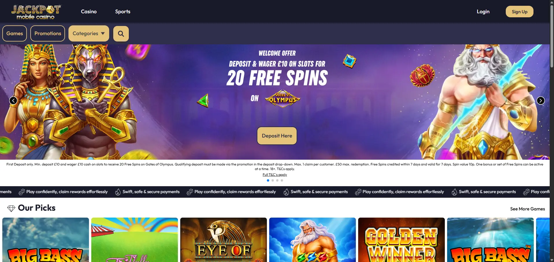 Jackpot Mobile Casino desktop homepage promoting 20 free spins on Gates of Olympus for a £10 deposit and stake, with featured game picks.