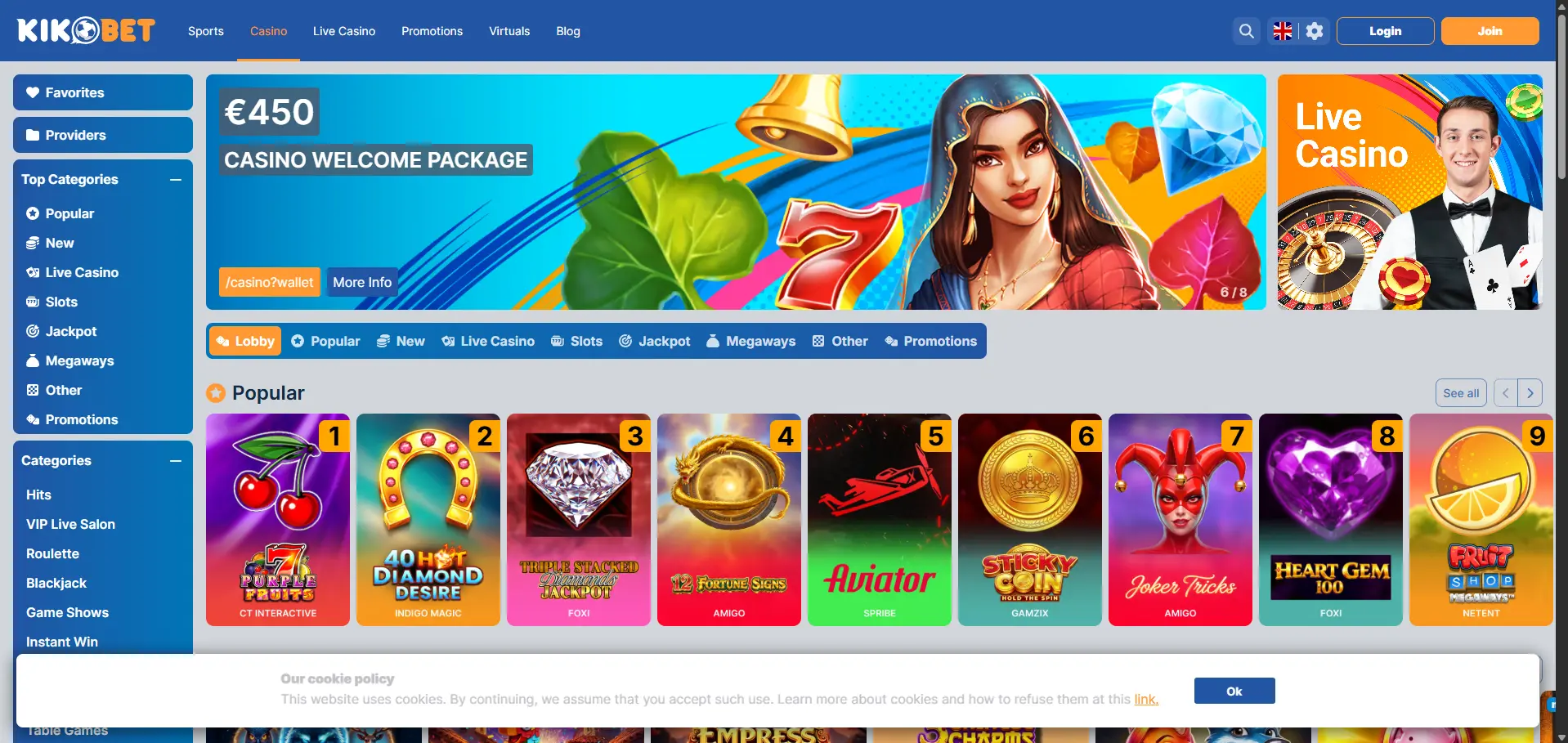 KikoBet desktop casino lobby promoting a €450 welcome package, with popular game tiles and category navigation.