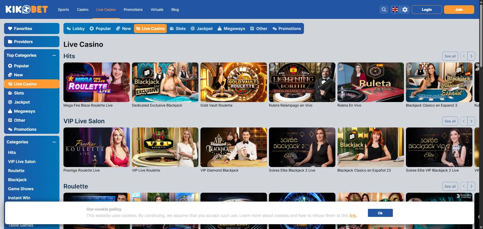 KikoBet desktop live casino lobby with live roulette, blackjack, and VIP salon game categories.