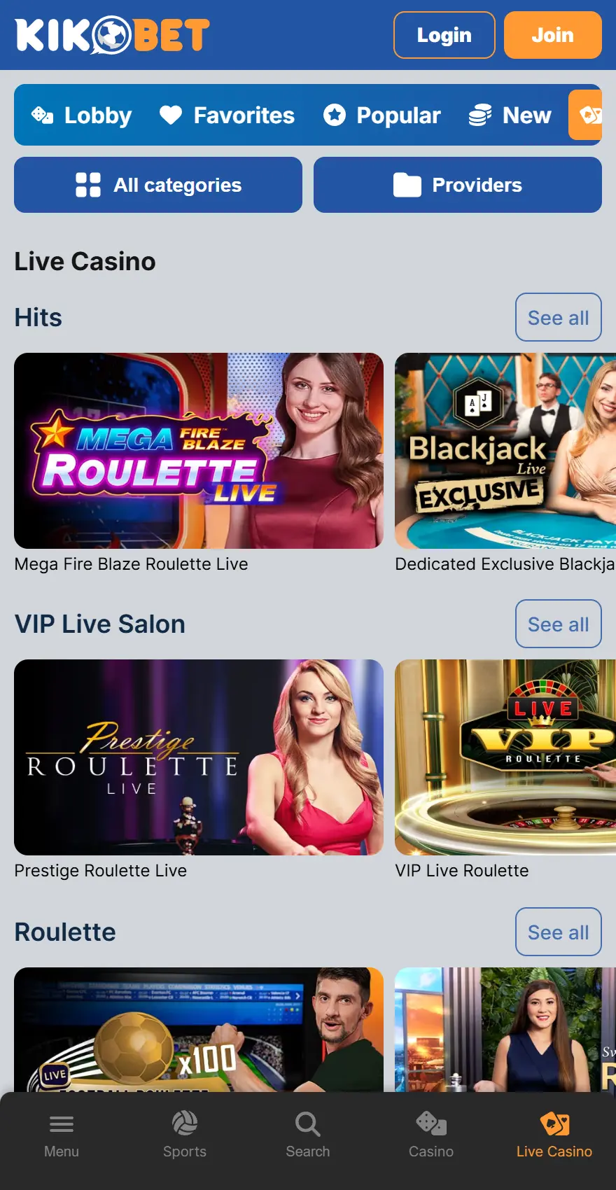 KikoBet mobile live casino page with live blackjack, roulette, and VIP salon game sections.