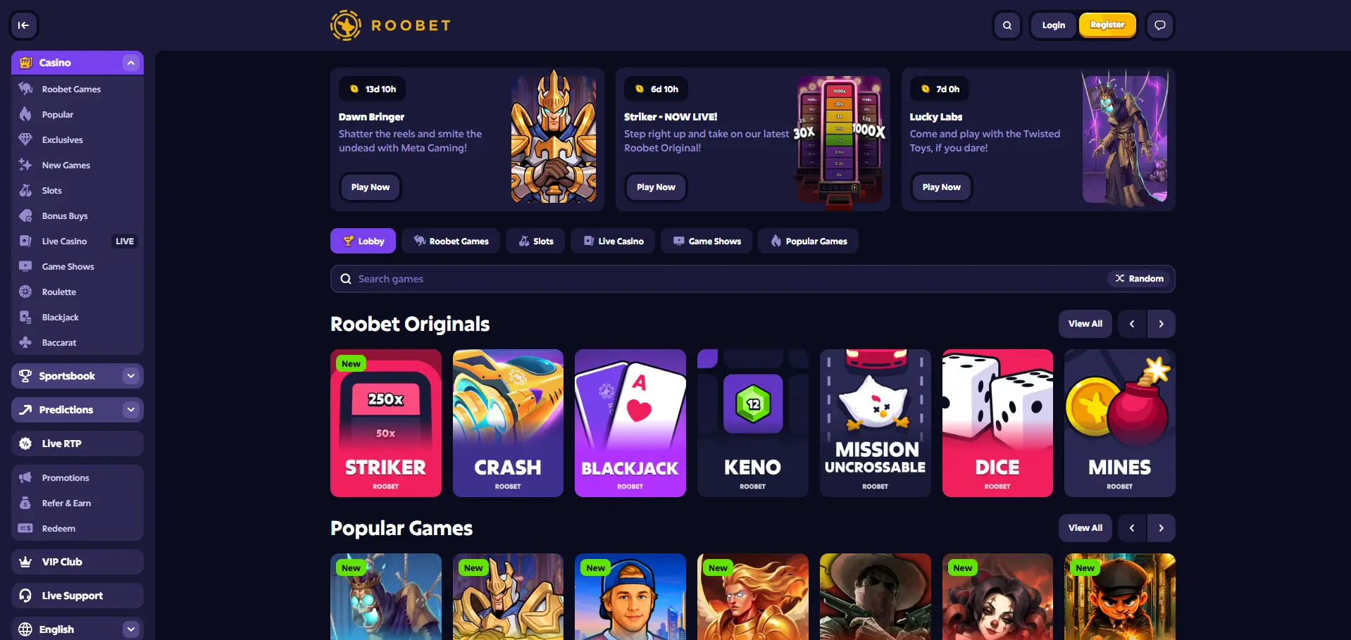 Roobet desktop casino lobby featuring Roobet Originals, popular games, category navigation, and game search.