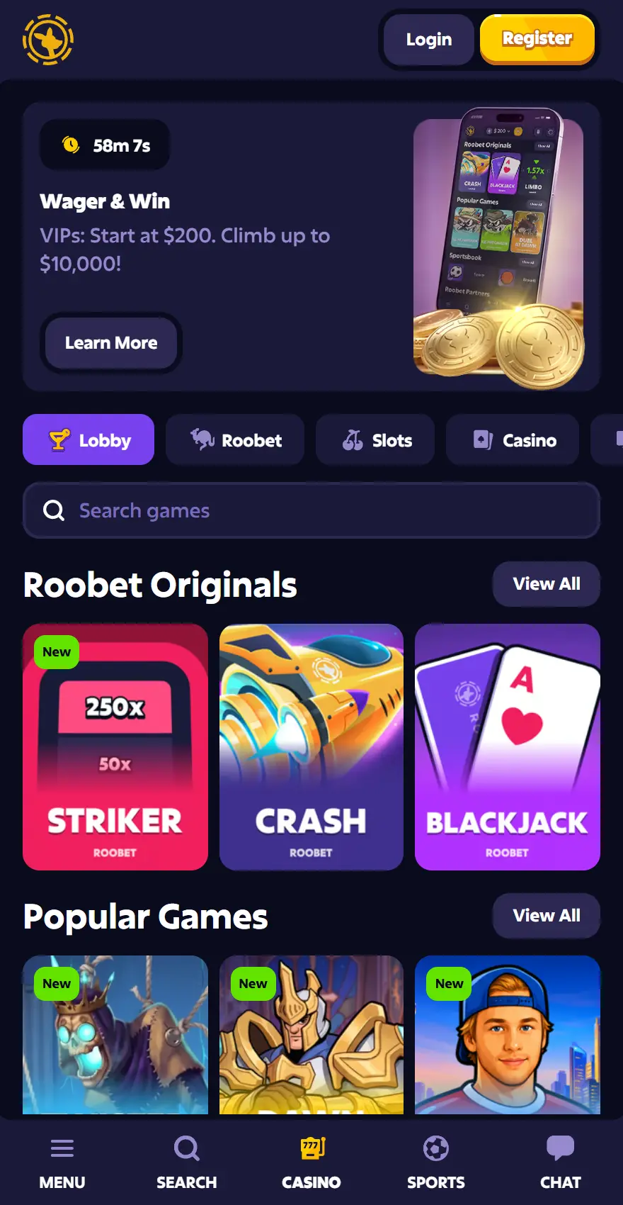 Roobet mobile casino lobby promoting Wager & Win VIP rewards, with Roobet Originals and popular game tiles.
