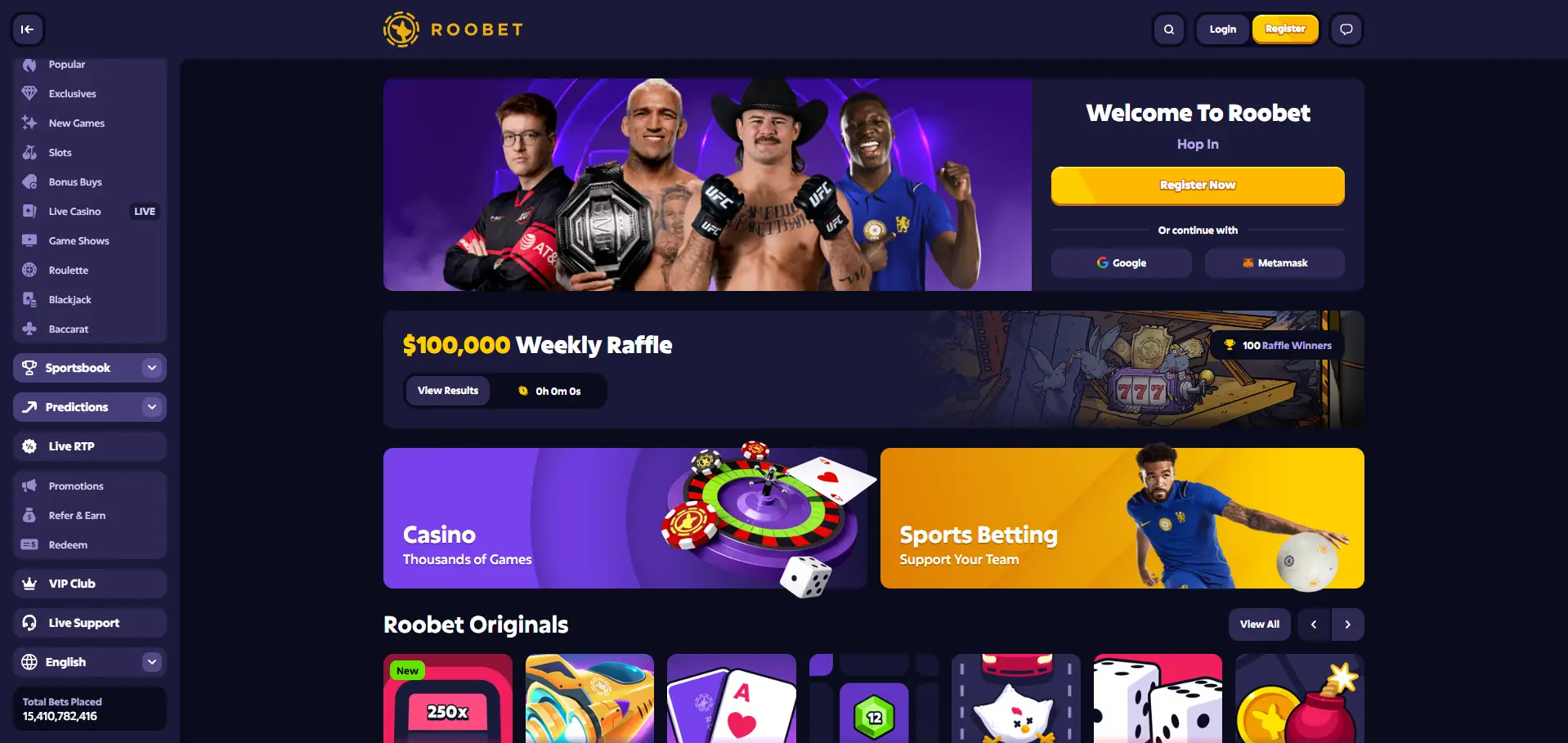 Roobet desktop homepage with athlete imagery, registration options, a 0,000 weekly raffle, and casino and sports betting links.