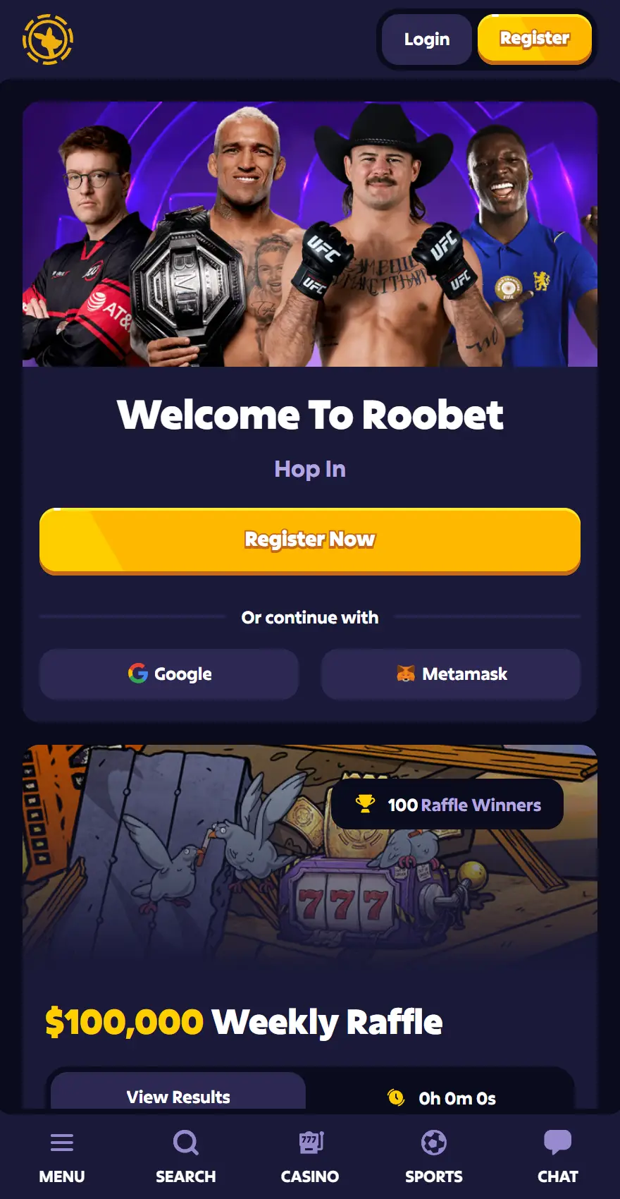 Roobet mobile homepage with athlete imagery, registration options, and a 0,000 weekly raffle.