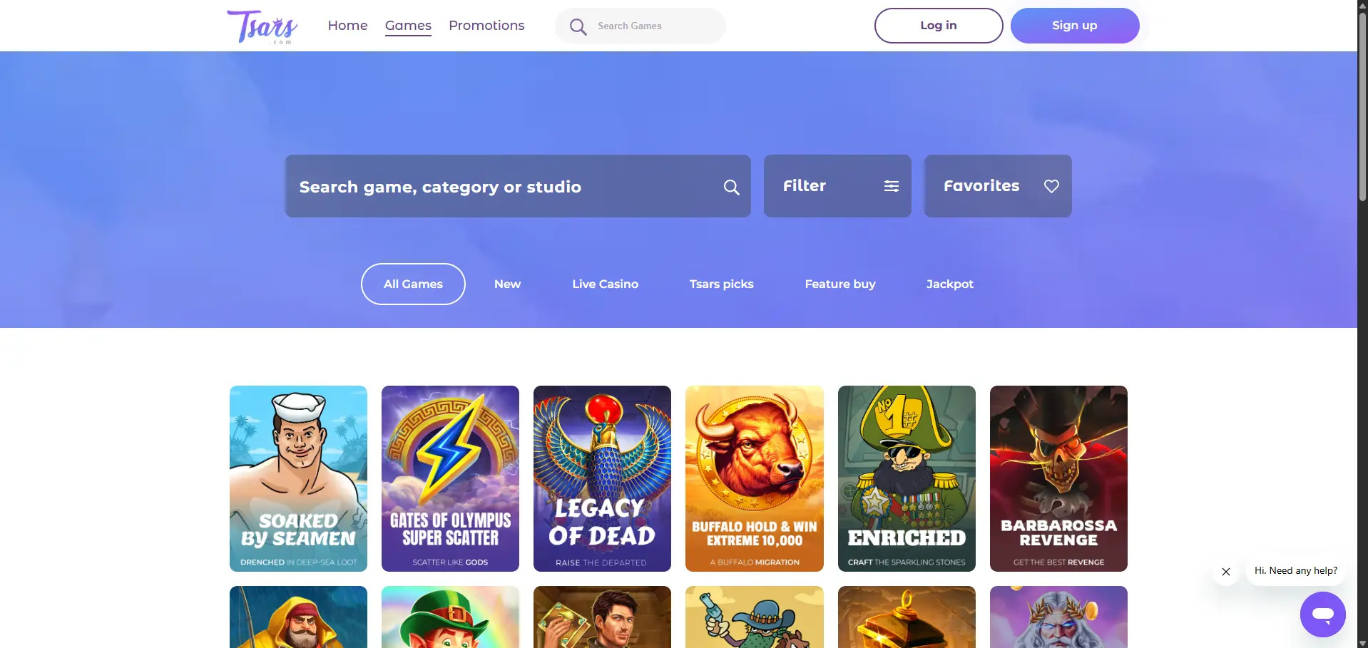 Tsars desktop casino game browser with search, filters, category links, and game tiles.