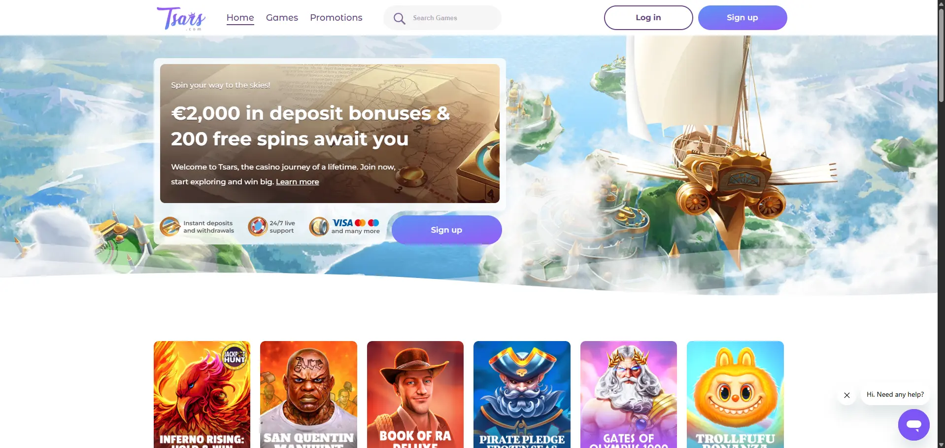 Tsars desktop homepage promoting €2,000 in deposit bonuses and 200 free spins, with featured game tiles.