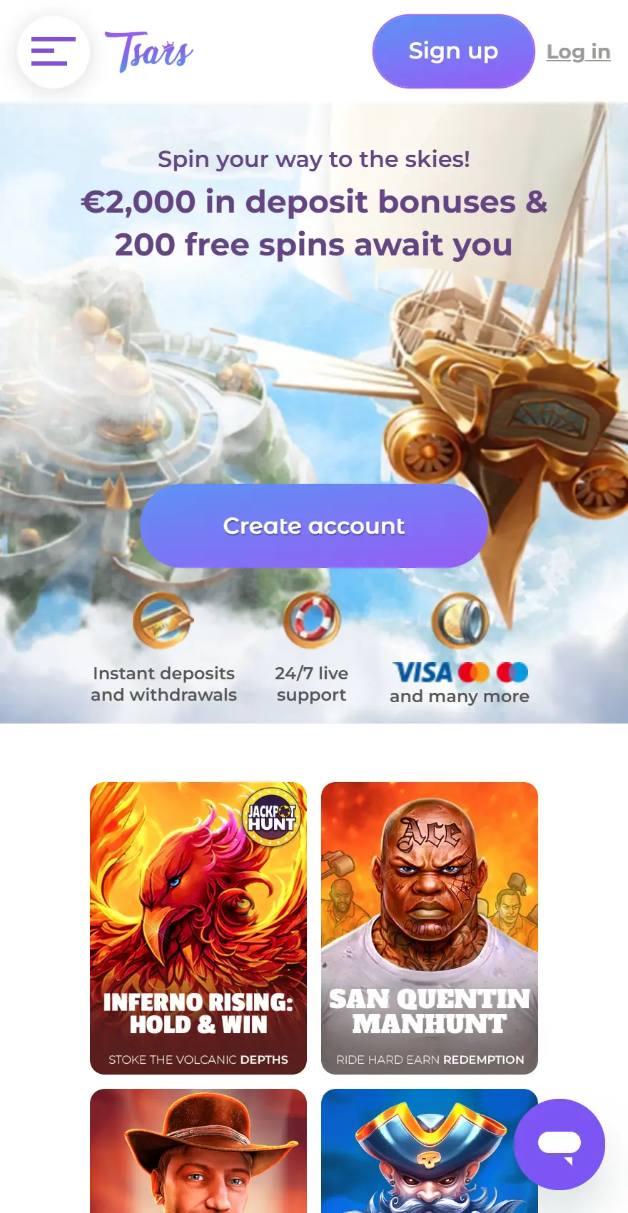 Tsars mobile homepage promoting €2,000 in deposit bonuses and 200 free spins, with featured game tiles.