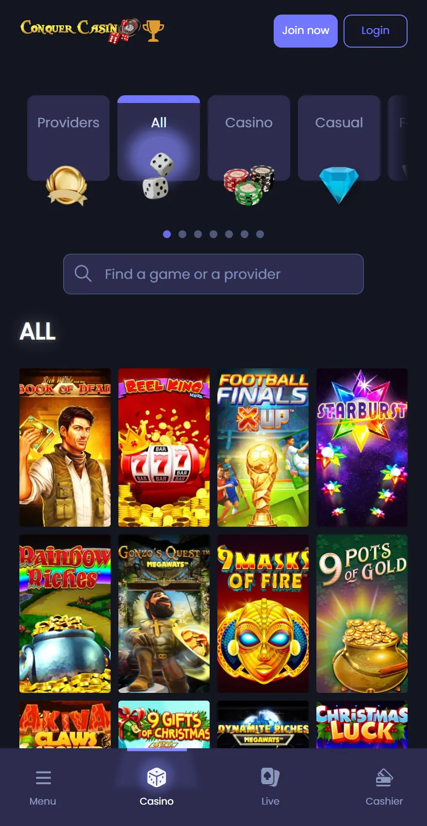 Conquer Casino mobile all-games lobby with category cards, game search, and a slot grid.