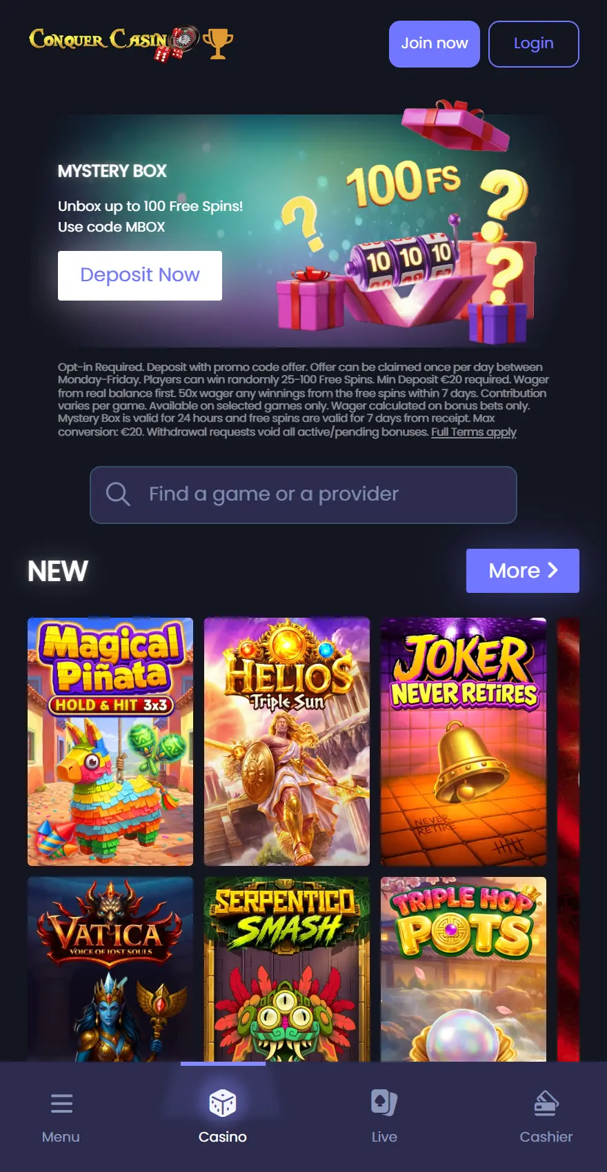 Conquer Casino mobile homepage promoting a Mystery Box with up to 100 free spins, plus new-game tiles.