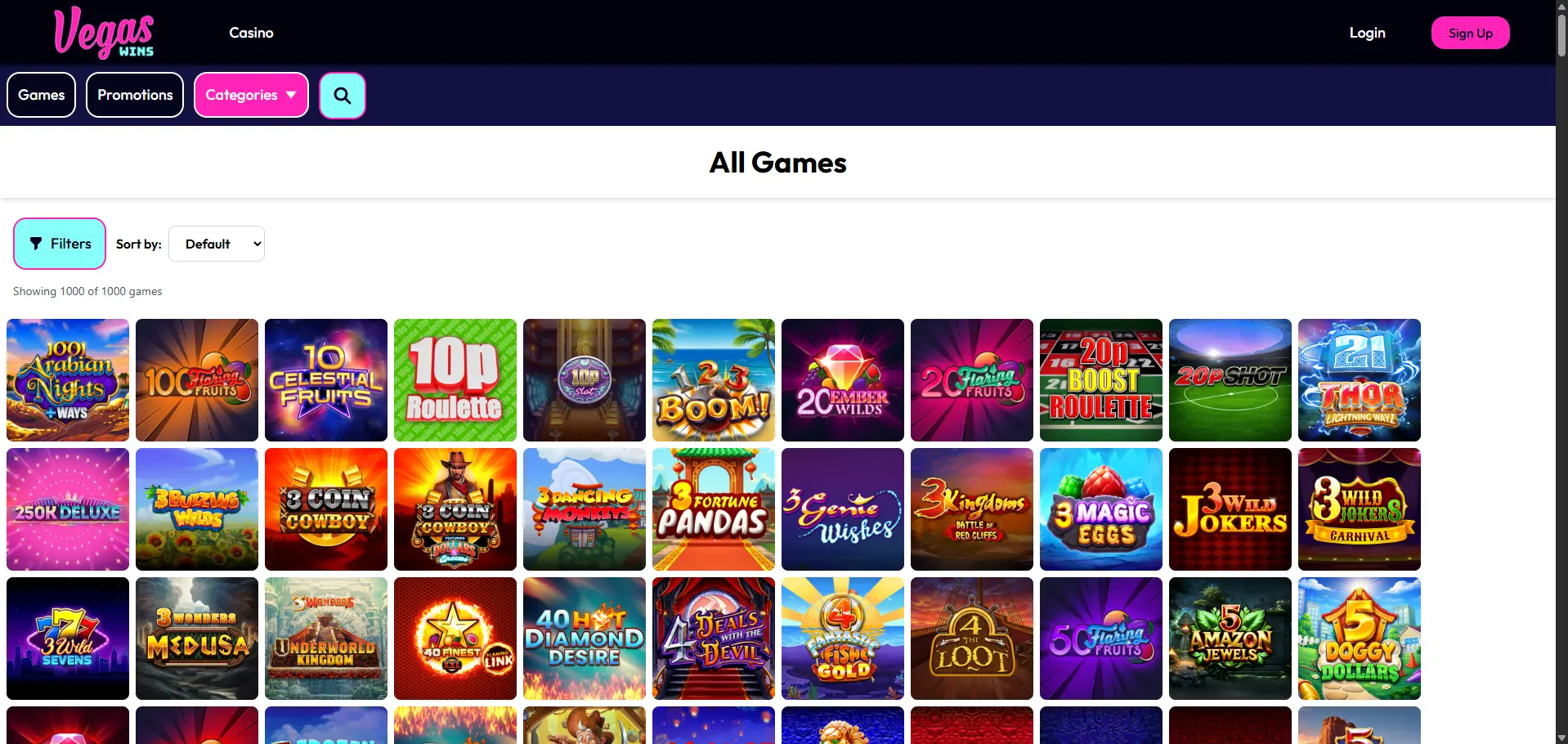 Vegas Wins desktop all-games page with Games, Promotions, and Categories controls, filters, default sorting, and a large slot grid.