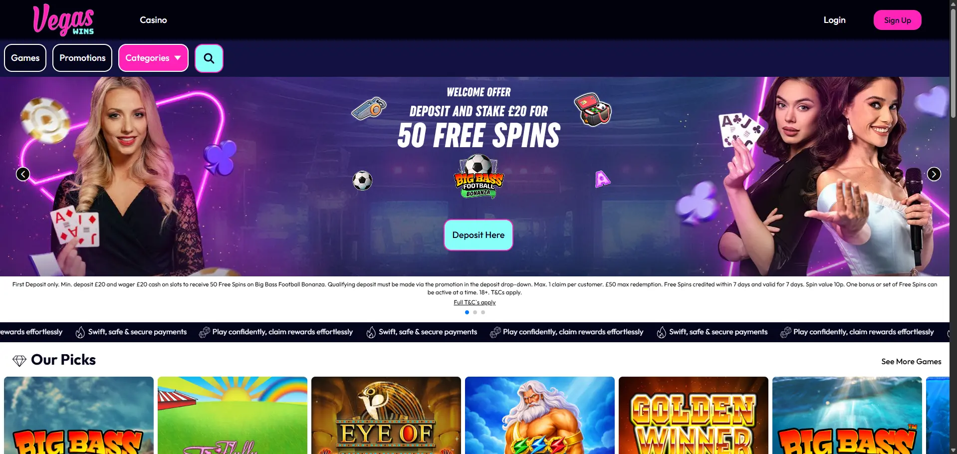 Vegas Wins desktop homepage promoting 50 free spins for a £20 deposit and stake on Big Bass Football Bonanza, with casino hosts and featured game picks.